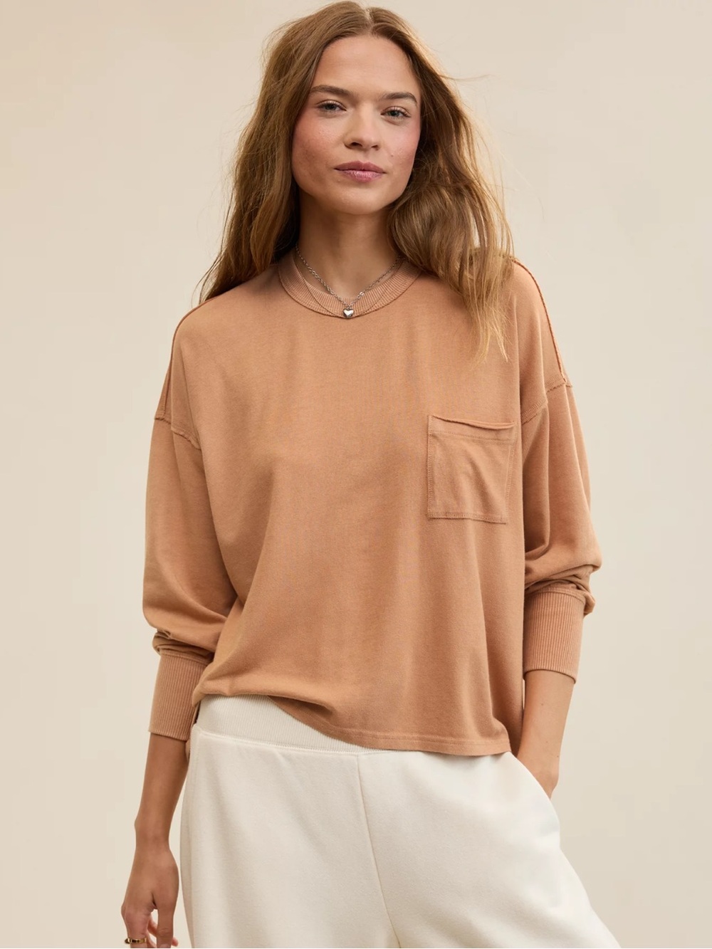 Aerie Happy Snit Pocket T-Shirt Beach Dune Oversized Knit Top